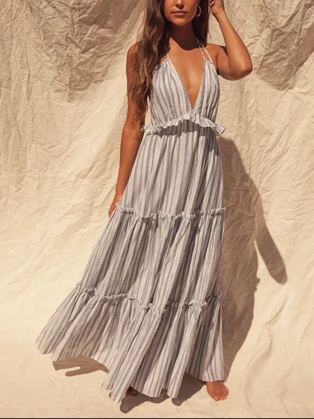 Lulus Vacay Babe Grey Striped Halter Maxi Dress